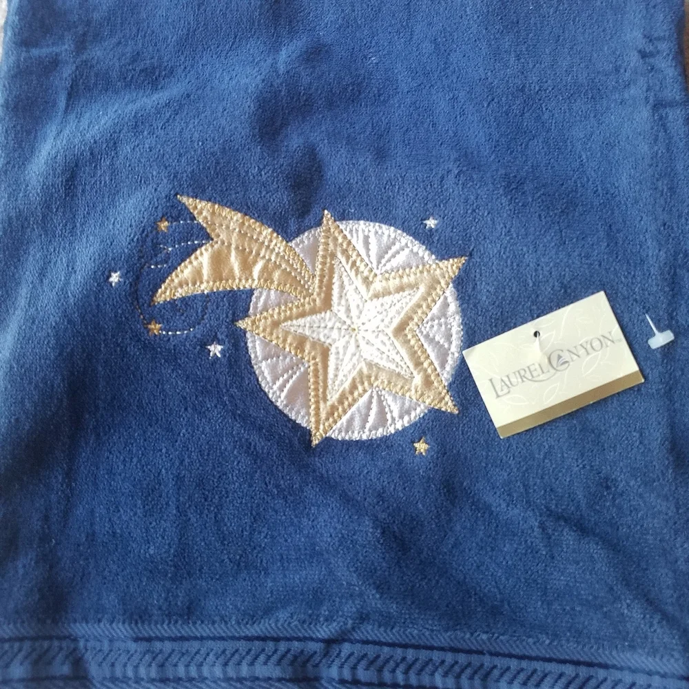Laurel Canyon Bathworks Celestial Navy Blue Sun Moon Stars 3-pc Towel Set NWT